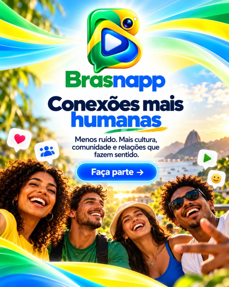 Amigos sorrindo em um mirante no Rio de Janeiro, com a marca Brasnapp e o texto “Conexões mais humanas”